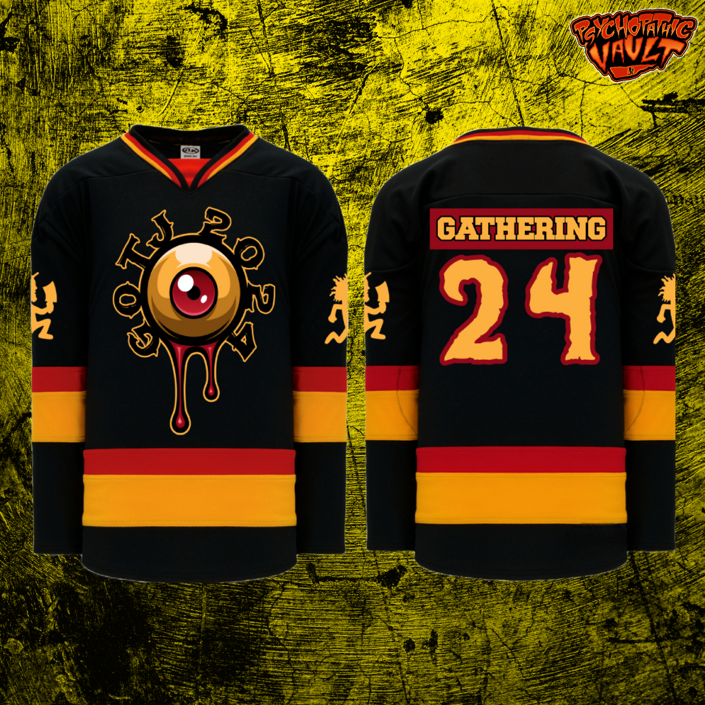 Black Gathering Eyeball Red/Gold Trim Hockey Jersey