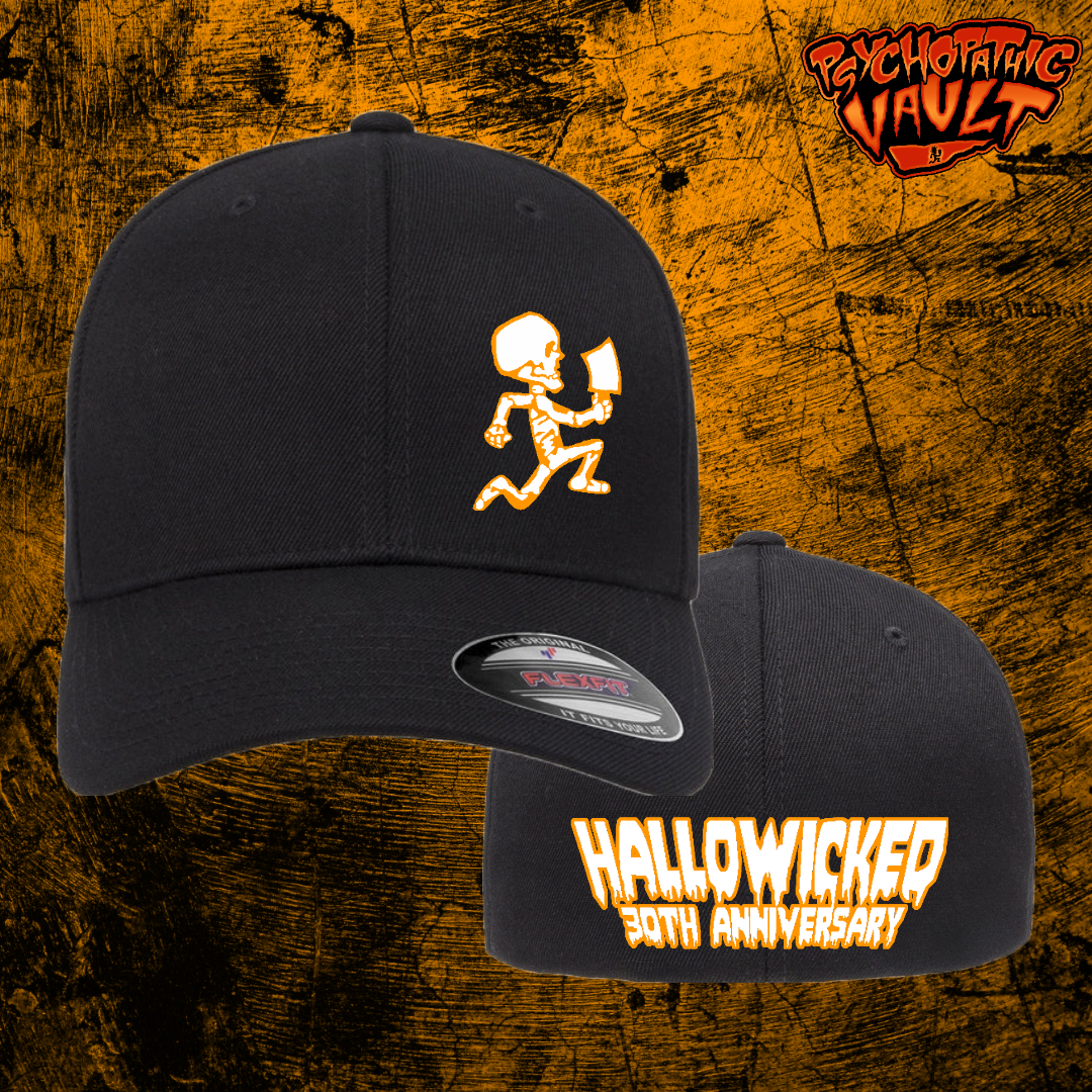White Skeleton Hatchetman with Orange Outline Hallowicked Flex Fit Baseball Hat