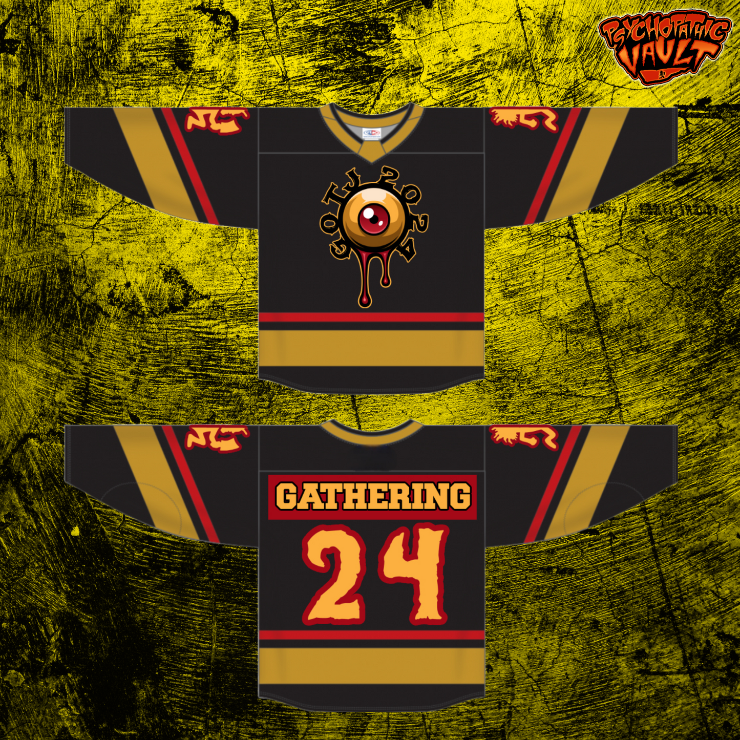 Black Gathering Eyeball Gold Trim Hockey Jersey