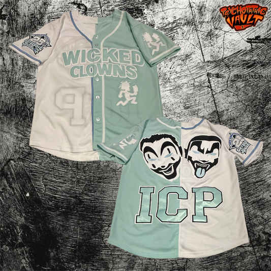 Split Colors Teal/White Wicked Clowns Baseball Jersey