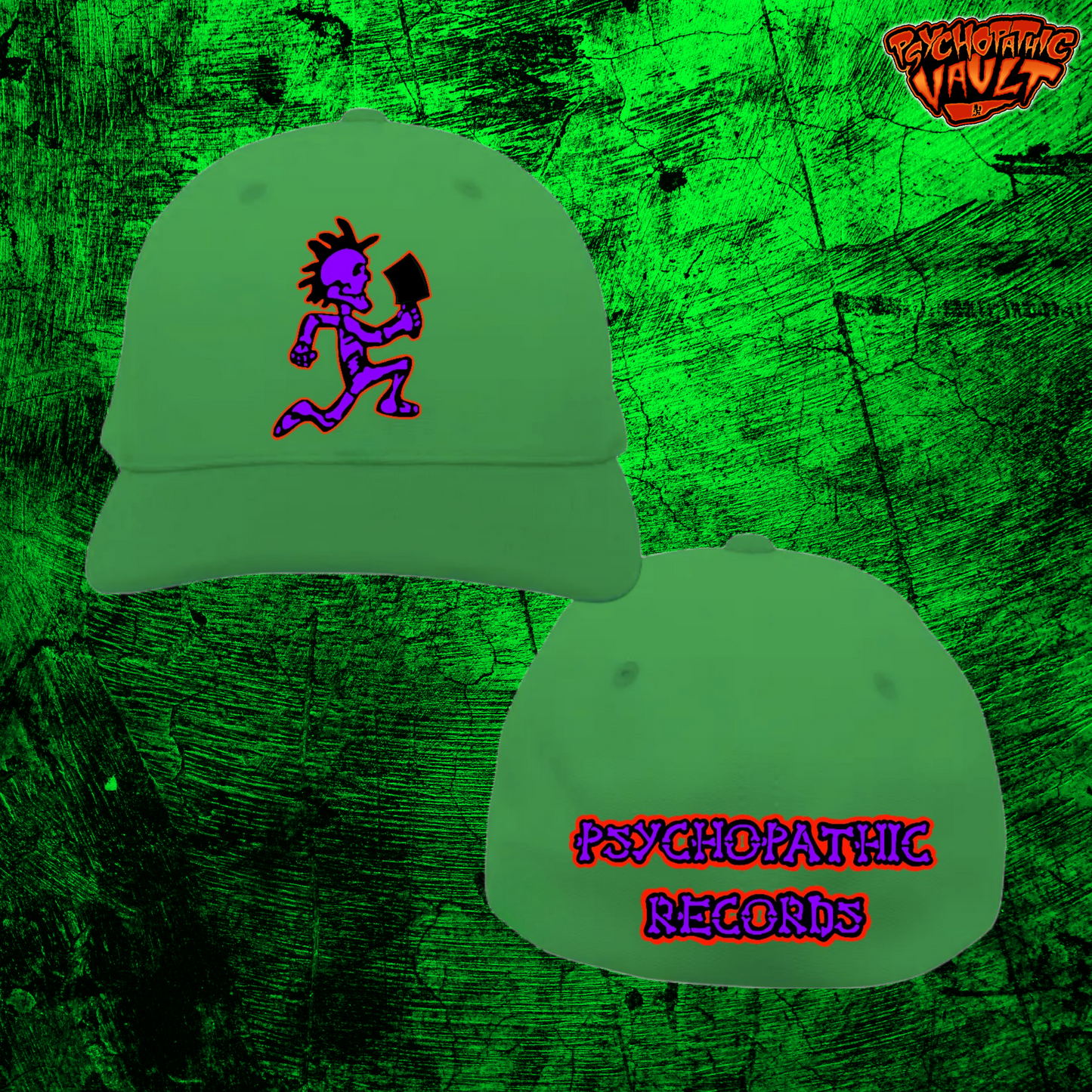 Green/Purple Skeleton Hatchetman Hallowicked Flex Fit Baseball Hat